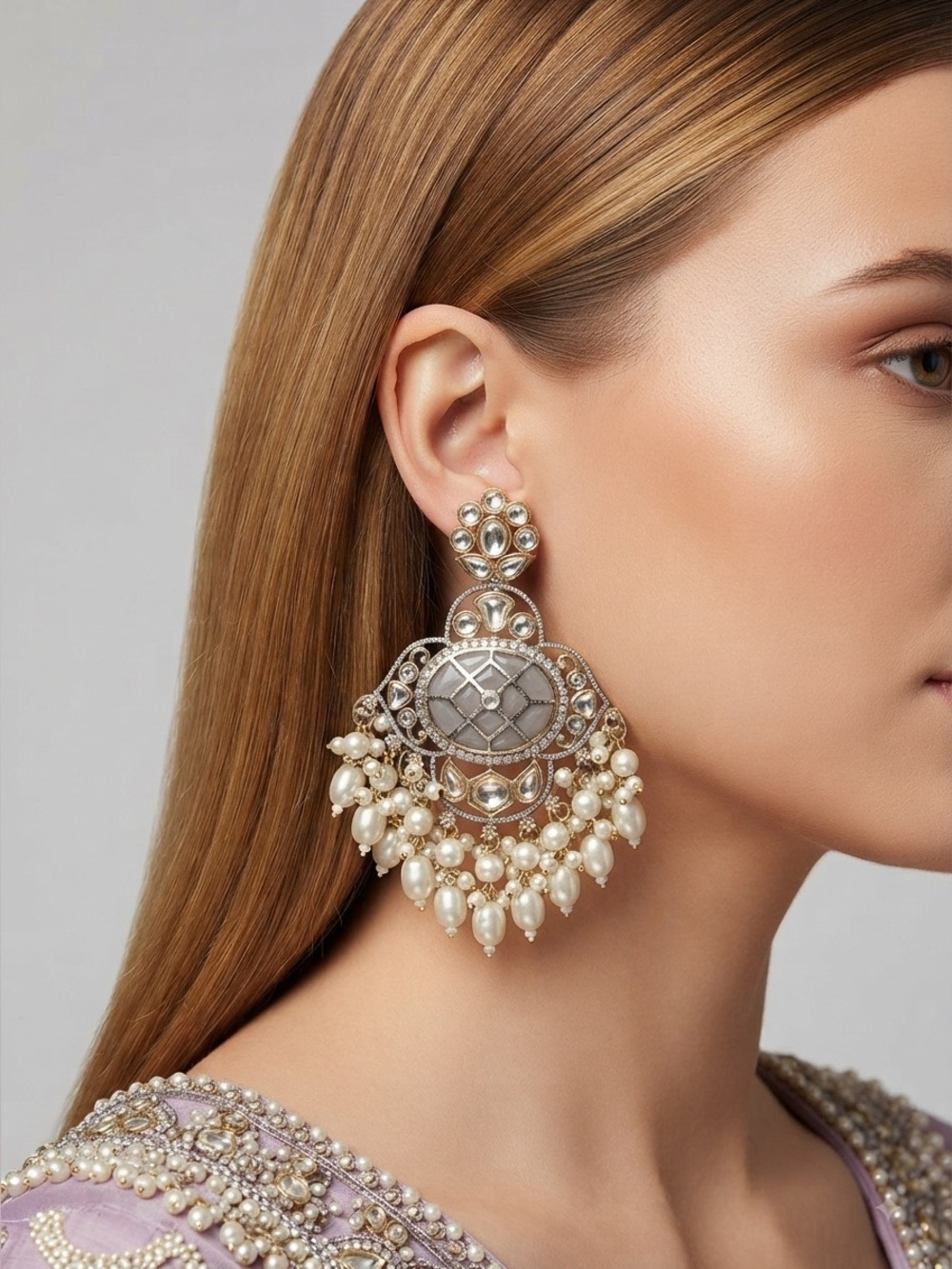 Gold Tone Chandbali Earrings Kundan Polki Faux Pearl Indian Bridal Statement